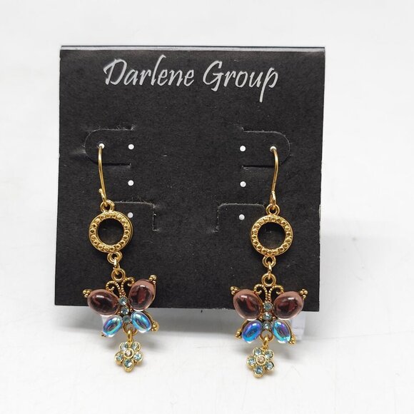Gold Tone Butterfly Earrings With Resin Crystal Accents By Darlene Group - Picture 1 of 4